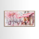 Parisian Café Scene Framed Canvas Print, Cherry Blossom Painting, European Street Art, Romantic Wall Art, Living Room Decor