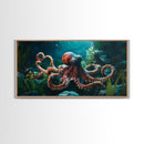 Majestic Octopus Framed Canvas Print, Coastal Decor Wall Art, Marine Wildlife Painting, Ocean Life Nautical Theme, Rustic Home Art