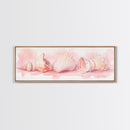 Shell Painting Framed Canvas Print Featuring Coastal Shells in Pastel Pink, Nautical Decor Idea, Horizontal Coastal Artwork