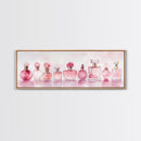 Framed Canvas Print Perfume Bottle Art Pink Abstract Art Feminine Decor Gift Idea Minimalist Living Room Wall Art Horizontal Painting