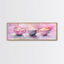 Candlelight Framed Canvas Print, Cozy Pastel Teacup Candles Art, Light Pink Wall Decor, Bedroom or Dining Room Whimsical Artwork