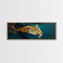 Leopard In Motion Framed Canvas Print - Abstract Jungle Painting, Teal And Orange Wildcat Art, Modern Safari Wall Decor, Bedroom Accent