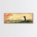 Golf Swing Elegance Framed Canvas Print – Rustic Decor, Golf Art, Panoramic Painting, Horizontal Wall Art, Gift Idea For Him