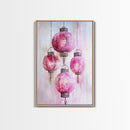 Pink Lanterns Framed Canvas Print, Chinoiserie Wall Art, Cozy Living Room Decor, Boho Aesthetic, Vertical Oriental Light Pink Wall Art