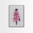 Woman in Coat Framed Canvas Print Light Pink Wall Art Moody Minimalist Fashion Illustration Rustic Aesthetic Unique Gift Idea