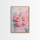Pink frosted cupcake painting on framed canvas print, whimsical art, food review kitchen art, living room art, guest room decor
