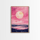 Moonlit Sky over Lake Framed Canvas Print, Pink Night Landscape Painting Coastal Wall Art, Minimalist Bedroom or Guest Room Decor