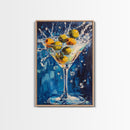 Splashing Olive Martini Canvas Print with Vibrant Cocktail Art, Perfect Bar Decor and Kitchen Wall Art Statement Piece