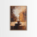Rustic Steaming Coffee Framed Canvas Print | Warm Coffee Wall Art | Cozy Kitchen Art | Espresso Painting | Coffee Lover Gift Idea