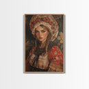 Vintage Folk Art Framed Canvas Print Featuring European Woman in Garden with Rustic Boho Aesthetic, Perfect Gift Idea for Her