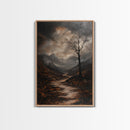 Mountain Painting Framed Canvas Print with Mystical Sunrise Over Autumn Forest Path, Rustic Landscape Art with Moody Coastal Vibes