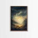 Landscape Painting Framed Canvas Print Featuring Sunset Over Autumn Forest with Dark Romantic Smoky Mountain Art and Rustic Decor