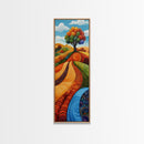 Colorful Fields, folk art, Russian folk art, pink orange wall art, bright and bold, framed canvas print, extra wide art
