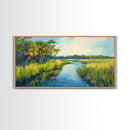 Marshland View, palm tree painting, tropical landscape, coastal decor, green wall art, rustic wall art, Framed Canvas Print