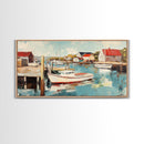 Harbor Boats, Nantucket painting, coastal painting, nautical wall art, fisherman painting, framed canvas print, extra wide art