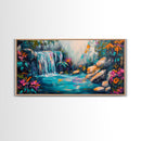 Vibrant Waterfall, Canvas Print, landscape painting, moody art, tropical art, teal wall art, extra wide art, rustic decor