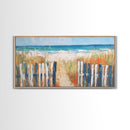 Beach Fence, coastal painting, framed canvas print, nautical decor, seascape painting, blue and green wall art, extra wide art