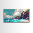 Rocky Cliff Beach, coastal landscape art, framed canvas print, seascape painting, nautical decor, extra wide art, above couch art
