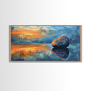 Zen Stone Reflection, moody art, minimalist art, coastal painting, blue and green wall art, extra wide art, canvas print