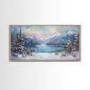 Lake Tahoe Art, Snowy Landscape, Winter Cabin Decor, Framed Canvas Print, Blue and Green Wall Art, Horizontal Wall Art