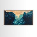 Moody Landscape, dramatic canyon, abstract oil painting, blue and green wall art, panoramic art, Framed Canvas Print, extra wide art