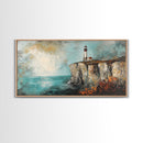 Lighthouse at Cliff, nautical wall art, coastal decor, dramatic seascape painting, panoramic painting, Framed Canvas Print, above sofa art