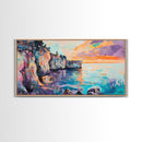 Sunset Over Cliffs, Coastal Painting, Ocean Landscape, Coastal Decor, Nautical Wall Art, Horizontal Wall Art, Framed Canvas Print
