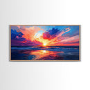 Sunset Beach, pink orange wall art, seascape painting, coastal wall art, panoramic art, ocean waves, extra wide art, Canvas Print
