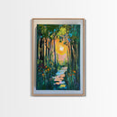 Forest Sunrise Path, wildflower painting, forest at dusk painting, wabi sabi wall art, whimsical art, Canvas Print