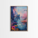Dreamy Lake Scene, pink abstract art, blue and green wall art, moody art, vertical wall art, framed canvas print, living room art