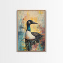 Loon Painting, bird art, blue and green wall art, moody art, gift idea for him, rustic decor, Framed Canvas Print, above couch art