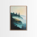 Foggy Mountains, mountain painting, smoky mountain art, pine tree art, forest at dusk painting, Framed Canvas Print, bedroom art