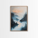 Misty Lake, landscape painting, smoky mountain art, pine tree art, moody art, blue and green wall art, Canvas Print, above sofa art