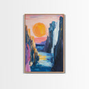 pink orange wall art, sunset painting, abstract landscape painting, blue and green wall art, Framed Canvas Print, boho art, modern decor