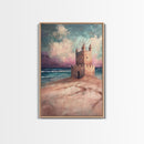 Fantasy Castle Framed Canvas Print Dreamy Coastal Art, Whimsical Beach Painting, Living Room Wall Decor, Pastel Ocean Landscape