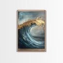 Majestic Ocean Wave Canvas Print Abstract Coastal Art, Gold and Blue Beach Wall Decor, Surfing Aesthetic, Living Room Accent