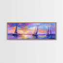 Sailboats at Sunset Framed Canvas Print Nautical Wall Art, Vibrant Ocean Painting, Coastal Home Decor, Large Living Room Artwork