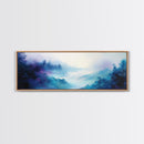 Ethereal Foggy Forest Framed Canvas Print - Mystical Landscape Wall Art, Blue and Purple Nature Decor, Living Room Art