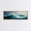 Stormy Sea Framed Canvas Print Dramatic Ocean Waves Painting, Moody Nautical Wall Art, Deep Blue Coastal Decor, Living Room Art