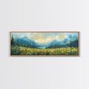 Mountain Lake Meadow Painting, Serene Nature Landscape, Cozy Cabin Art, Blue and Green Rustic Bedroom Wall Decor, Framed Canvas Print