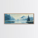 Foggy Mountain Lake Framed Canvas Print Tranquil Nature Wall Art, Misty Forest Landscape, Cool Blue Artwork, Cabin or Office Decor
