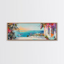 Mediterranean Patio Framed Canvas Print, Coastal Landscape Wall Art, Romantic Seaside Painting, Dining Room Decor, Boho Art