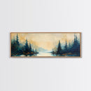 Misty Forest Landscape Wall Art, Blue and Gold Nature Painting, Rustic Cabin Decor, Cozy Woodland Art, Fall Living Room Artwork