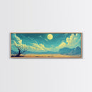 Moonlit Desert Nightscape, Mystical Blue and Gold Landscape Art, Dreamy Celestial Wall Decor, Surreal Nature Painting