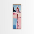 Woman in White, Beach Walk, Elegant Minimalist Art, Framed Canvas Print, Feminine Aesthetic, Living Room Art, Pastel Color Palette