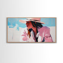 Woman, Sun Hat, Beach, Framed Canvas Print, Fashion Art, Minimalist Style, Boho Home Decor, Coastal Chic, Pastel Summer Painting