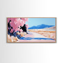 Blossoms, Mountain Path, Scenic Landscape Art, Nature Painting, Boho Decor, Framed Canvas Print, Pastel Pink Trees, Serene Wall Art