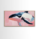 Whale, Ocean Beauty, Nautical Wall Art, Coastal Decor, Living Room Statement, Framed Canvas Print, Pastel Marine Life, Soft Pink Blue Tones