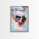 Woman swimming, Coastal Serenity Art, Framed Canvas Print, Modern Beach House Decor, Soft Pastel Seascape, Minimalist Landscape Painting