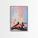Sunset Flames, Campfire Glow, Coastal Night, Framed Canvas Print, Cozy Warmth, Rustic Outdoor Art, Fall Wall Decor, Cabin Aesthetic